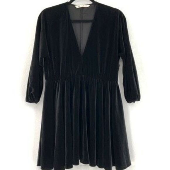 Zara Black Velvet Goth Puff Long Sleeve Mini Dress Size Small - Picture 6 of 7
